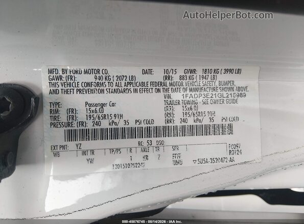 1FADP3E21GL215989 2016 FORD FOCUS White Շարժիչի բաժամունքի տեսք