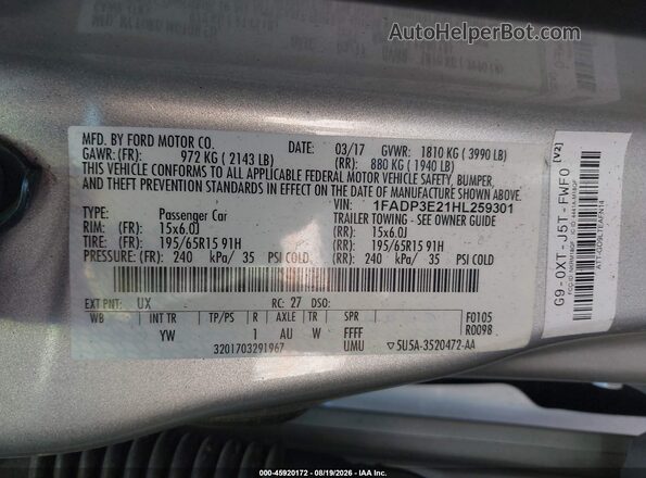 1FADP3E21HL259301 2017 FORD FOCUS Silver ძრავის განყოფილების ხედი