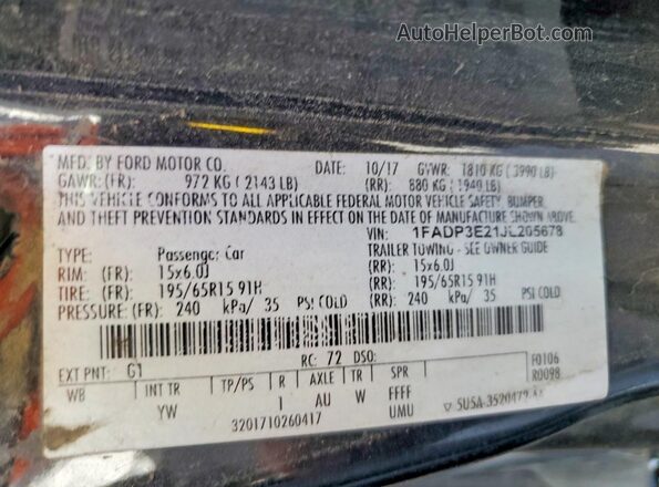 1FADP3E21JL205678 2018 FORD FOCUS Black 