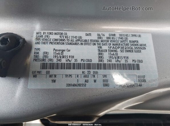 1FADP3E23GL355929 2016 FORD FOCUS Silver Widok komory silnika