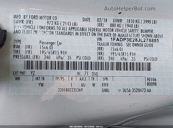 1FADP3E28JL278885 2018 FORD FOCUS White Շարժիչի բաժամունքի տեսք