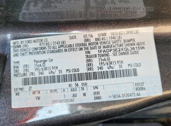 1FADP3E2XGL361596 2016 FORD FOCUS Charcoal Widok naklejki z numerem VIN