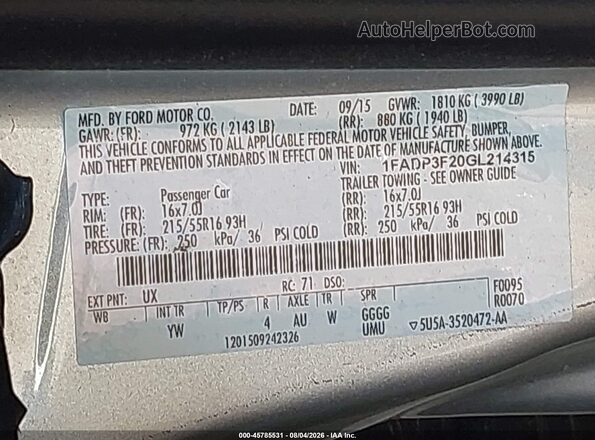 1FADP3F20GL214315 2016 FORD FOCUS Silver Вид підкапотного простору