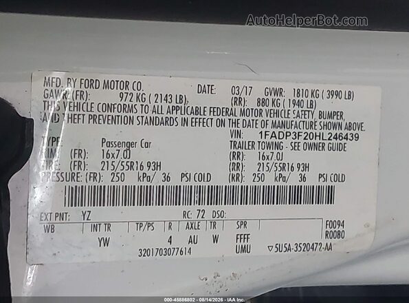 1FADP3F20HL246439 2017 FORD FOCUS White Շարժիչի բաժամունքի տեսք