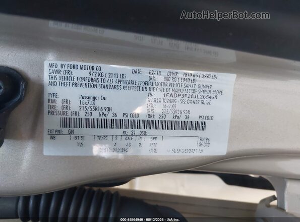1FADP3F20JL265420 2018 FORD FOCUS Gold Вид підкапотного простору