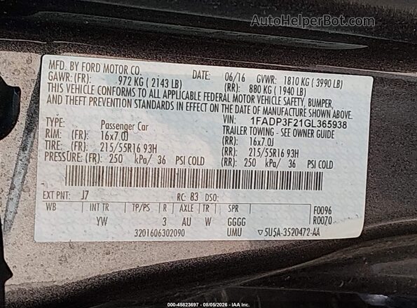 1FADP3F21GL365938 2016 FORD FOCUS Серый Вид подкапотного пространства