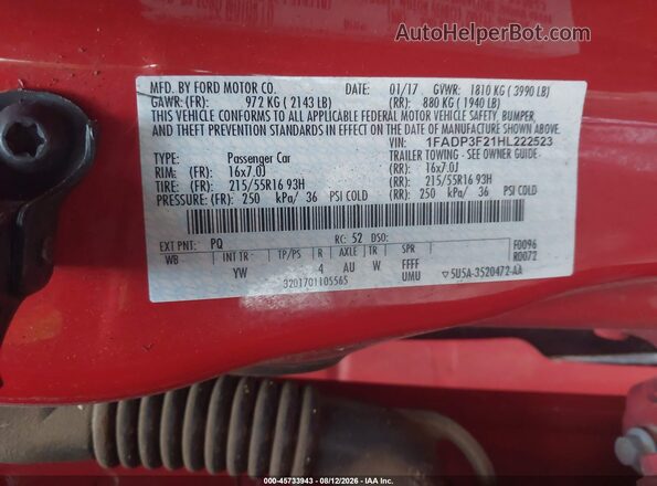 1FADP3F21HL222523 2017 FORD FOCUS Red Вид підкапотного простору