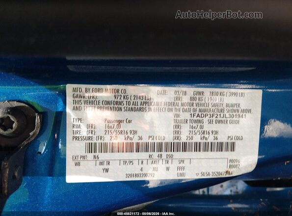 1FADP3F21JL301941 2018 FORD FOCUS Blue Շարժիչի բաժամունքի տեսք