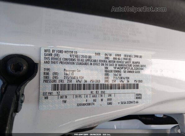 1FADP3F21JL328394 2018 FORD FOCUS White Engine compartment view