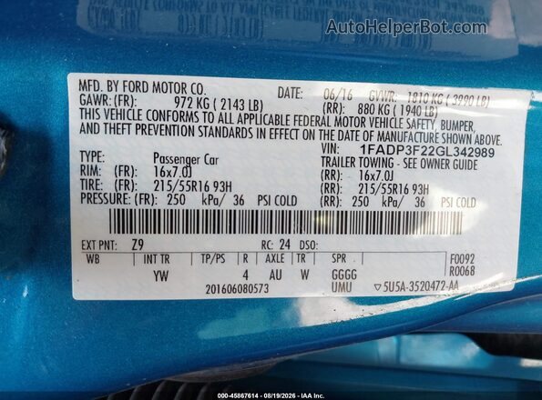 1FADP3F22GL342989 2016 FORD FOCUS Blue Widok komory silnika