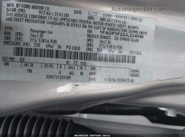 1FADP3F22JL224898 2018 FORD FOCUS Silver Вид підкапотного простору