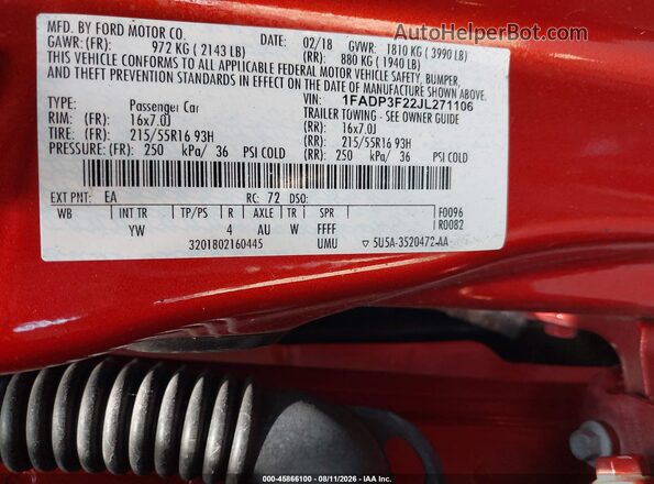 1FADP3F22JL271106 2018 FORD FOCUS Red ძრავის განყოფილების ხედი