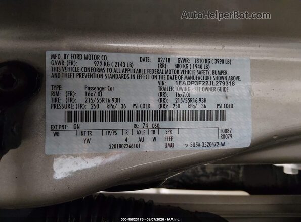 1FADP3F22JL279318 2018 FORD FOCUS Beige Engine compartment view