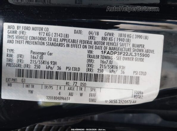 1FADP3F22JL315900 2018 FORD FOCUS Черный Вид подкапотного пространства