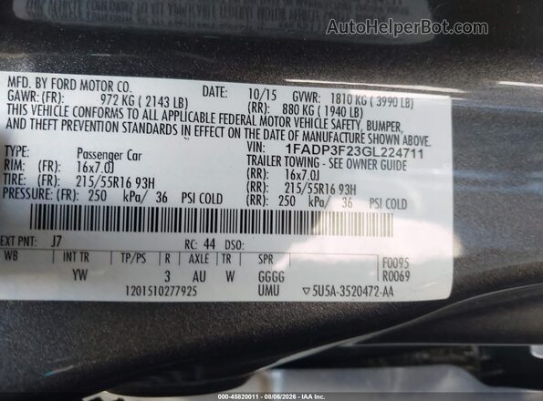 1FADP3F23GL224711 2016 FORD FOCUS Gray Շարժիչի բաժամունքի տեսք
