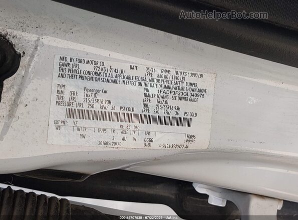 1FADP3F23GL340975 2016 FORD FOCUS White Widok komory silnika