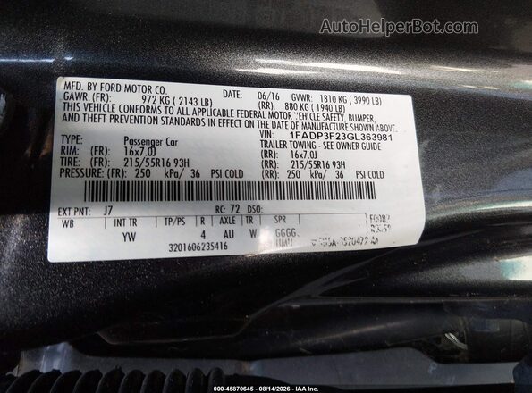 1FADP3F23GL363981 2016 FORD FOCUS Black Вид підкапотного простору