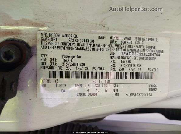 1FADP3F23JL254704 2018 FORD FOCUS White Вид підкапотного простору