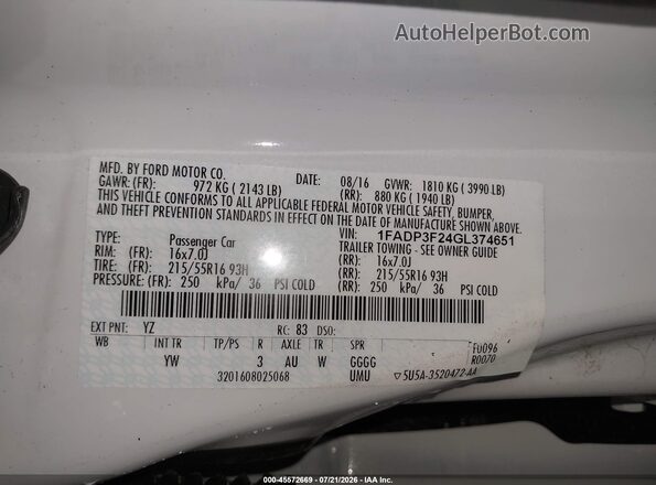 1FADP3F24GL374651 2016 FORD FOCUS White Vista del compartimento del motor