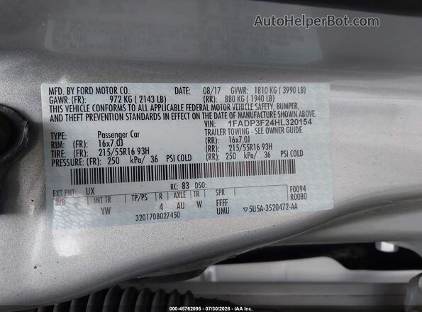 1FADP3F24HL320154 2017 FORD FOCUS Silver Вид підкапотного простору