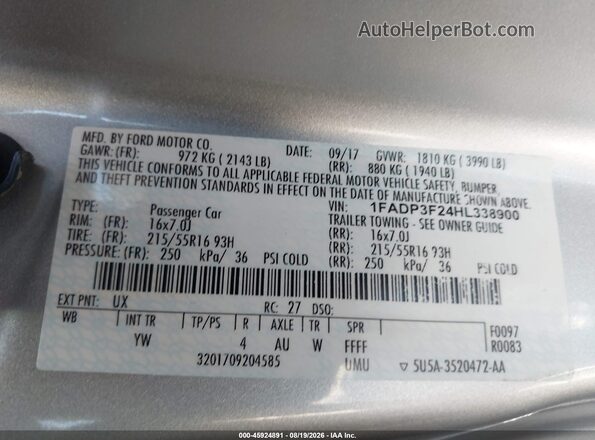 1FADP3F24HL338900 2017 FORD FOCUS Gray Vista del compartimento del motor