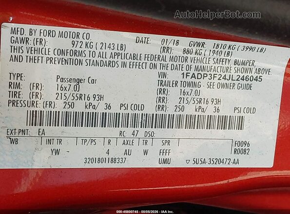 1FADP3F24JL246045 2018 FORD FOCUS Orange ძრავის განყოფილების ხედი