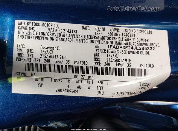 1FADP3F24JL285332 2018 FORD FOCUS Blue Widok komory silnika