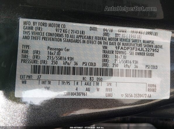 1FADP3F24JL327952 2018 FORD FOCUS Gray Vista del compartimento del motor