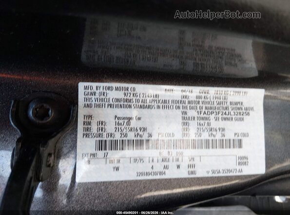 1FADP3F24JL328258 2018 FORD FOCUS Серый Вид подкапотного пространства