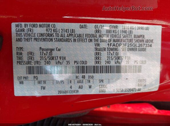 1FADP3F25GL267334 2016 FORD FOCUS Red Вид підкапотного простору
