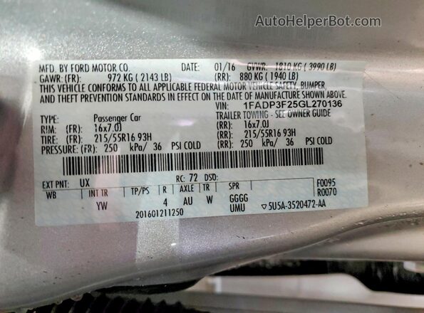 1FADP3F25GL270136 2016 FORD FOCUS Silver ძრავის განყოფილების ხედი
