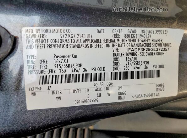 1FADP3F25GL372357 2016 FORD FOCUS Gray 