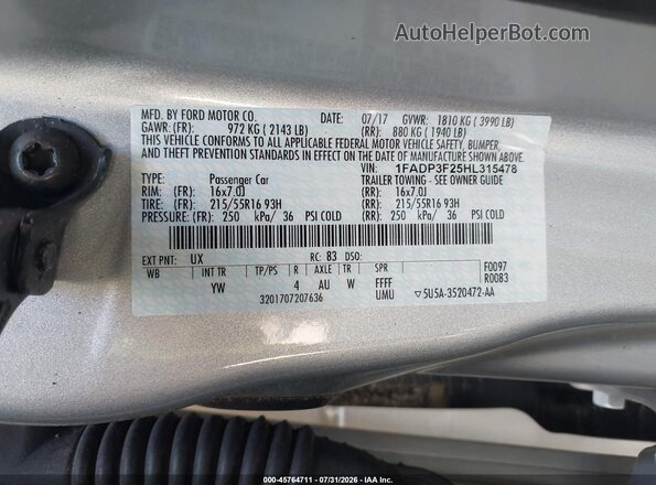 1FADP3F25HL315478 2017 FORD FOCUS Silver Widok komory silnika