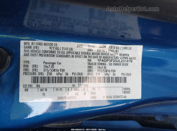 1FADP3F25JL231876 2018 FORD FOCUS Blue ძრავის განყოფილების ხედი