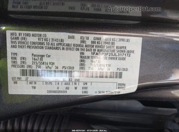 1FADP3F25JL317172 2018 FORD FOCUS Серый Вид подкапотного пространства
