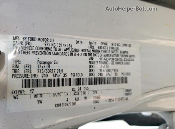 1FADP3F26GL224234 2016 FORD FOCUS Белый Вид наклейки с VIN-кодом