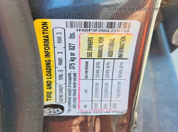 1FADP3F26GL226758 2016 FORD FOCUS Серый Вид наклейки с VIN-кодом