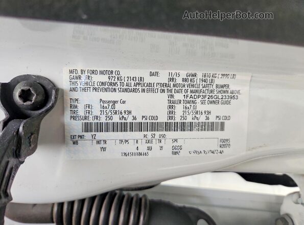1FADP3F26GL233953 2016 FORD FOCUS White VIN კოდის სტიკერის ხედი
