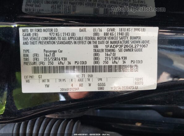 1FADP3F26GL271067 2016 FORD FOCUS Black Շարժիչի բաժամունքի տեսք