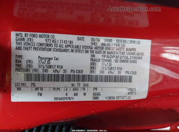 1FADP3F27GL316095 2016 FORD FOCUS Red Вид підкапотного простору