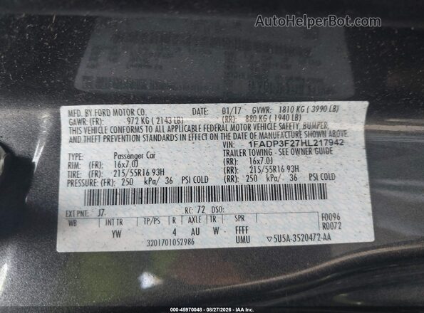 1FADP3F27HL217942 2017 FORD FOCUS Gray Շարժիչի բաժամունքի տեսք