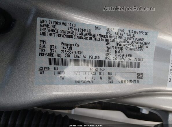 1FADP3F27HL320326 2017 FORD FOCUS Silver ძრავის განყოფილების ხედი