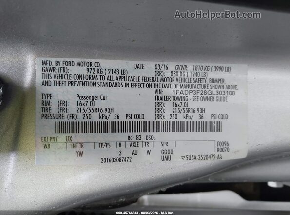 1FADP3F28GL303100 2016 FORD FOCUS Silver Շարժիչի բաժամունքի տեսք
