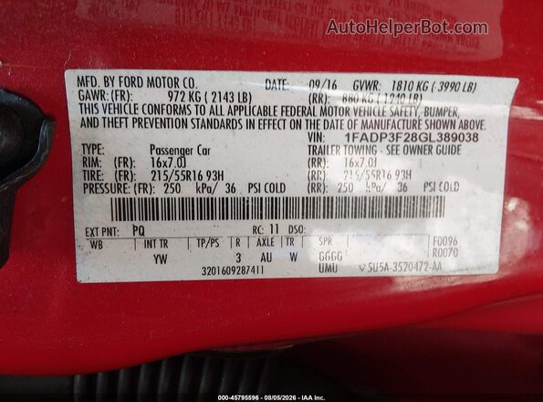 1FADP3F28GL389038 2016 FORD FOCUS Red Շարժիչի բաժամունքի տեսք