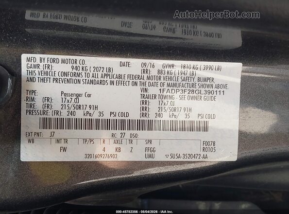 1FADP3F28GL390111 2016 FORD FOCUS Gray Vista del compartimento del motor