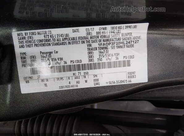 1FADP3F28HL247127 2017 FORD FOCUS Gray Շարժիչի բաժամունքի տեսք