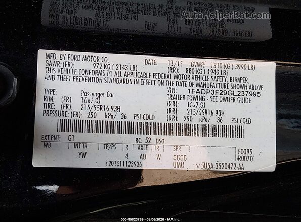 1FADP3F29GL237995 2016 FORD FOCUS Black ძრავის განყოფილების ხედი