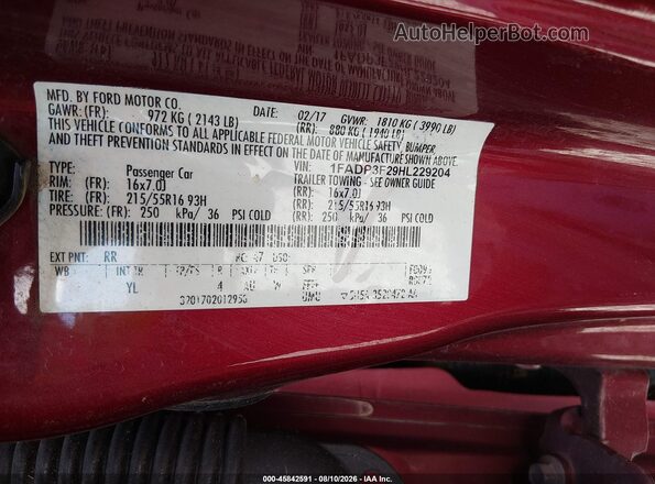 1FADP3F29HL229204 2017 FORD FOCUS Red Widok komory silnika