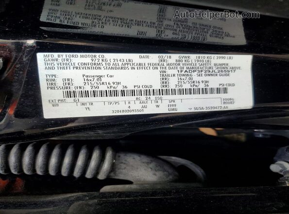1FADP3F29JL265917 2018 FORD FOCUS Black Widok naklejki z numerem VIN