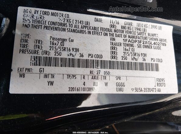 1FADP3F2XGL402789 2016 FORD FOCUS Черный Вид подкапотного пространства